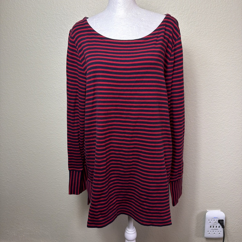 Talbots Shirt Womens XL Red Navy Blue Striped Boatneck Tunic Cotton Long Sleeve
